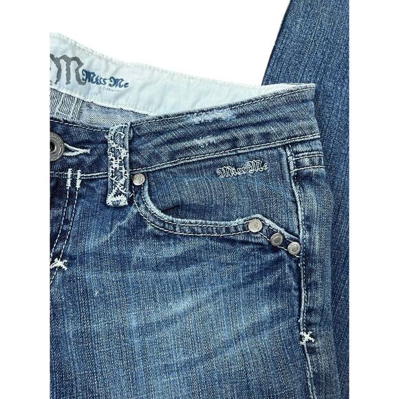 Miss Me Embroidered Denim Jeans Y2K Dark Australian 02 Blue Flap Pockets Size 28 - Picture 9 of 11